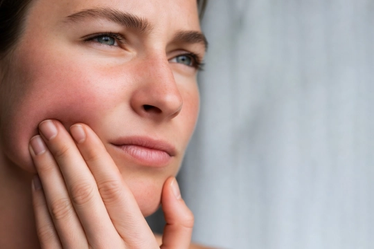 Девушкам прикасается к челюсти из-за спазма.